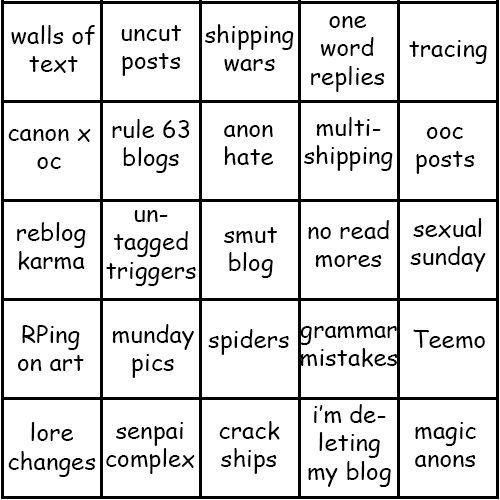 tiny-master-of-evil:  League of Legends Community Drama Bingo  Is this really League of Legends Community Drama Bingo, or my Tumblr “to do” list?