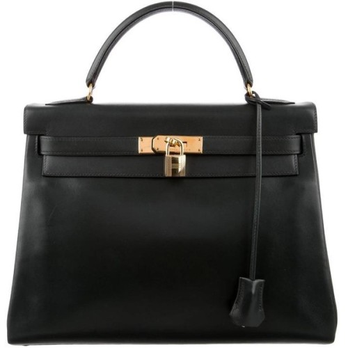 Preowned Hermes Kelly 32 Black Box Gold Satchel Shoulder Bag With Accessories ❤ liked on Polyvore (s