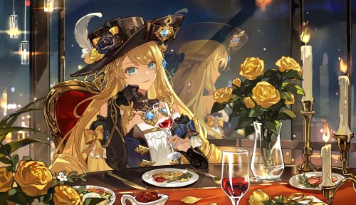 Illustration of Navia seated at a table in a fancy restaurant, looking at the viewer as she holds a glass of red wine. The table is decorated with bouquets of yellow roses. Her reflection can be seen in the large window behind her, as well as the distant lights of a city in the night sky.