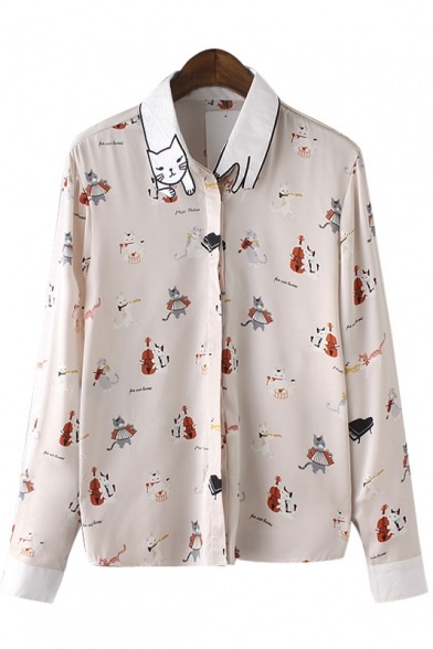 blogtenaciousstudentrebel:  Blouses & Kiminos  Cape Style Design Single-breasted Chiffon Blouse  Lapel Tie-Neck Long Sleeves Loose Blouse with Pockets   Cat Lapel Repeated Cartoon Print Button Down Shirt   Women Floral Chiffon Shawl Kimono   Women