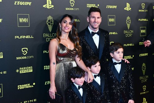 bestsportmedia:Lionel Messi, Antonela Roccuzzo and their children pose upon arrival to attend the 20