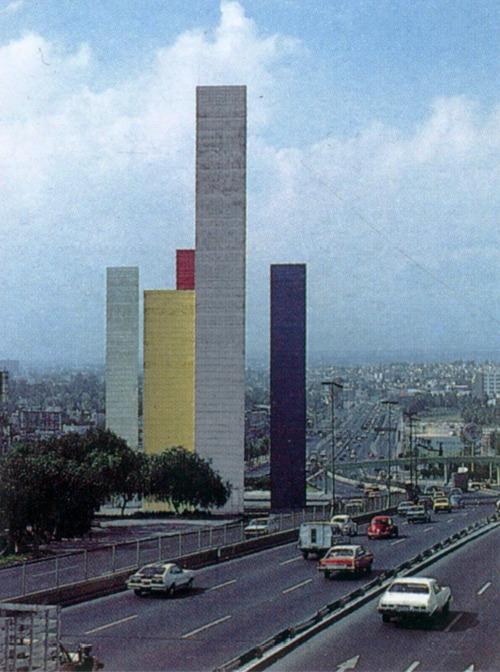 archiveofaffinities:   Luis Barragán, Jesús Reyes Ferreira &amp; Mathias Goeritz, Torres de Satélite, Mexico City, Mexico, 1957