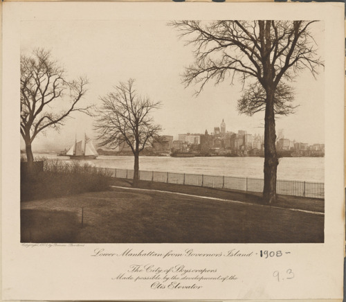 Lower Manhattan from Governors Island (1908), with a ferry and a two-masted schooner in the East Riv