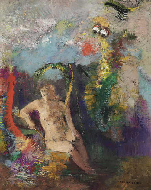 hildegardavon:Odilon Redon, 1840-1916Eve dans un paysage, ca.1900, oil on canvasboard, 27x21.3 cmPri