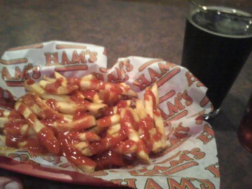 My dinner today, finished that first plate in 10 minutes.  3lb burger, and three orders of fries.  With a glass of Devil’s Backbone Schwartz Bier to wash it down.  Later I had a bowl of ice cream, and two big pb&j sandwiches.  So I’m feeling