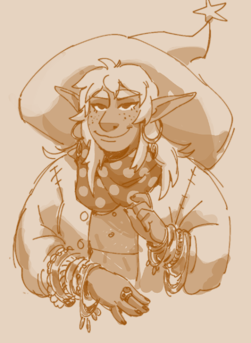 sprigganart: sizzle it up [image description: an achromatic, warm-toned drawing of Taako from the wa