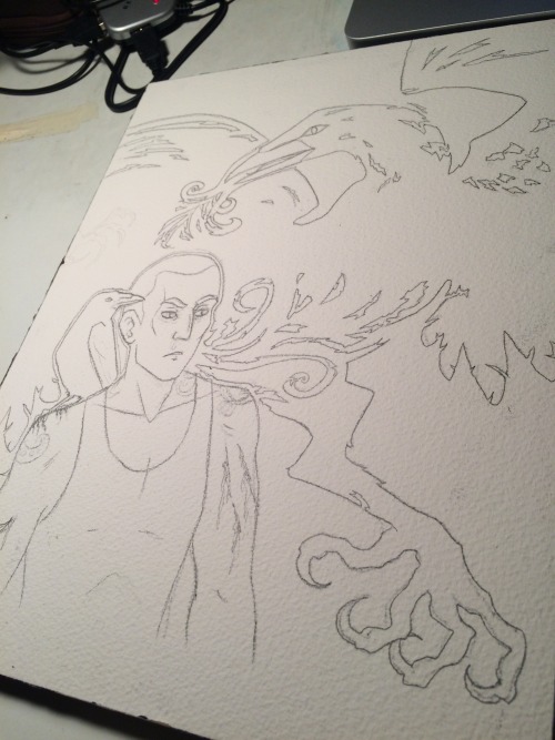 more process- transferring the printout to my watercolor block, fixing the transfer, and final sketc