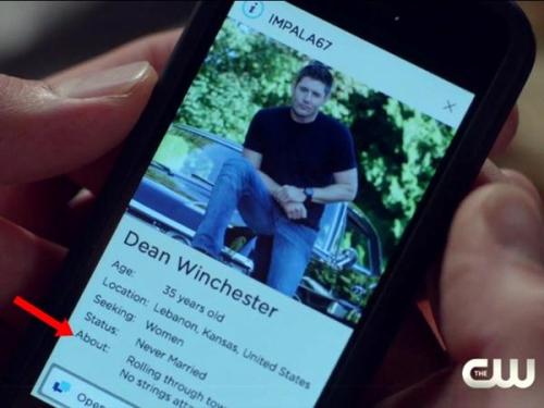 supernaturalwiki:DEAN’S ON A  DATING APP AND HE HASN’T BEEN HOME INA  FWE DAYS.@portuguesegirlx post