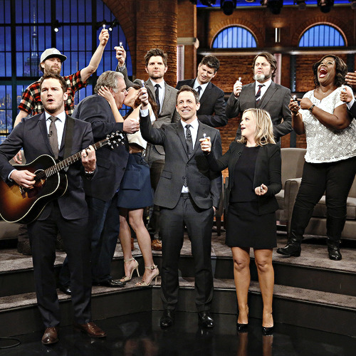 vikander:  Seth Meyers with Chris Pratt, Jim O’Heir, Aubrey Plaza, Adam Scott, Michael Schur, Jon Glaser, Amy Poehler, Nick Offerman and Aziz Ansari of Parks and Recreation at Late Night with Seth Meyers on February 24, 2015 