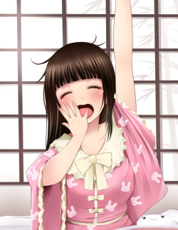 東方、蓬莱山輝夜、kozue akari、パジャマ、ぬいぐるみ、ロングヘア、あくびしている、バニーぬいぐるみ、bunny print、waking up、一人、動物のぬいぐるみ、女一人、涙、片腕を上げた、瞑目、赤面、ボサボサの髪
