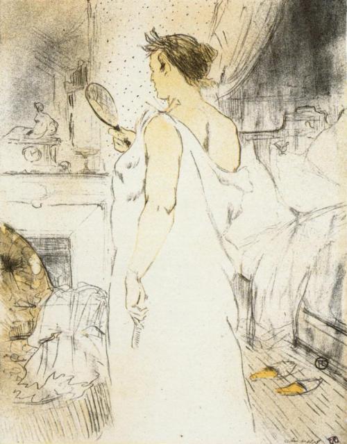 artist-lautrec:They Woman Looking into a Hand Held Mirror, 1896, Henri de Toulouse-Lautrec