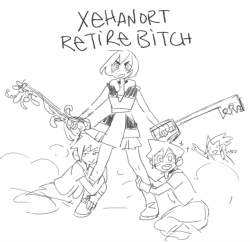 hawberries:  i hope kingdom hearts 3 goes like this 😊[alt: kairi kicking down the door to org 13′s castle with a keyblade in each hand and riku and sora clinging delightedly to her legs, saying “XEHANORT RETIRE BITCH”]edit: i posted this on the