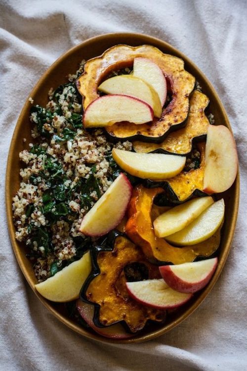 Roasted Acorn Squash and Apples with Quinoa, Kale, and Tahini Maple Dressing                        