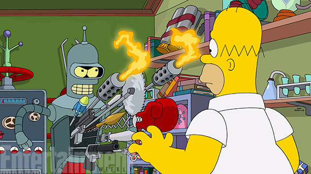 seriousjones:  entertainmentweekly:  We’ve got a First Look at the Futurama-Simpsons