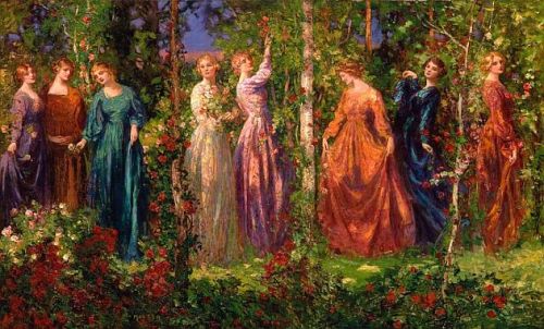 thelongvictorian:Gather Ye Rosebuds While Ye May by Thomas Edwin Mostyn (1864-1930). Private collect