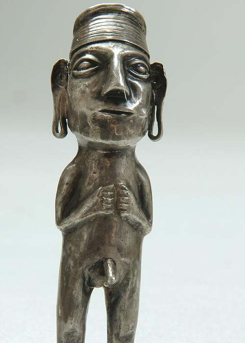 Humanoid Inca figurine, silver, 1400-1533, Peru. The ear lobes of such figurines were stretched by t