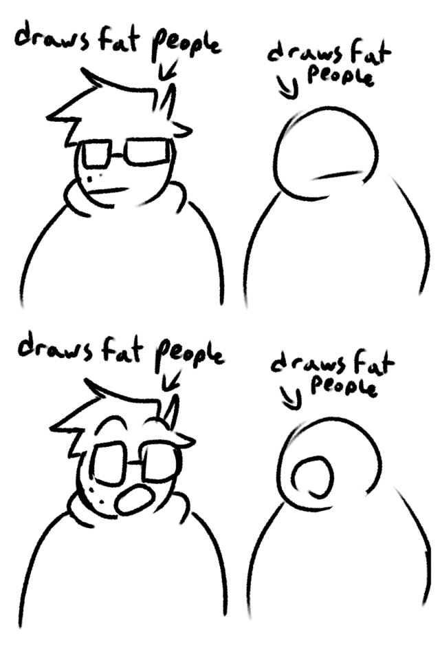 Everyone who draws fat people good is immediately my bestie thats how it works 💕  [ID: a digital comic drawn in a simple style. The first panel is of me standing with a figure to the side, both labeled draws fat people. In the second panel both turn in surprise with their mouths agape. In the final image I am kissing the other figure on the cheek in a cartoony style while they blush. The word besties floats above. End ID] #my art#sugartalks