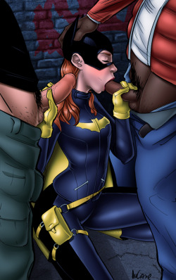 xurcolor:  Batgirl (in her new outfit) by Buttsmithy.  First version is the “clean” one, the second follows the cum from the original drawing, and because I just can’t help myself, the third is a full on bukkakee shot. 