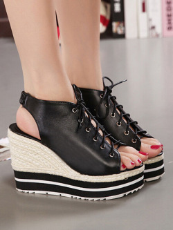 k-population:  Lace Up Open Toe Woven Wedge