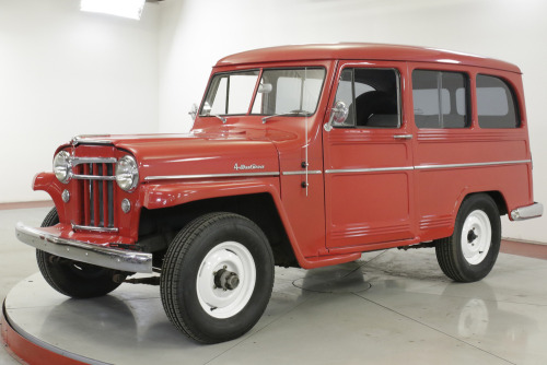 jacdurac:   1956 WILLYS WAGON  …   This Willys Wagon 4x4 received an extensive restoration. It’s powered  by a Super Hurricane 6-cylinder engine and a 3-speed manual  transmission.   