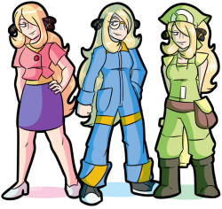 This was commissioned by someone on deviantART called Slipshodsliver,  and he wanted me to draw Cynthia from Pokemon dressed up as Delia Ketchum, Clemont, and the Pokemon Breeder from the X and Y Pokemon games.