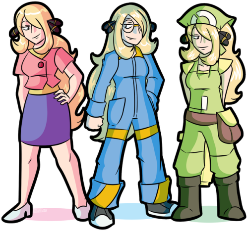 This was commissioned by someone on deviantART called Slipshodsliver,  and he wanted me to draw Cynthia from Pokemon dressed up as Delia Ketchum, Clemont, and the Pokemon Breeder from the X and Y Pokemon games.