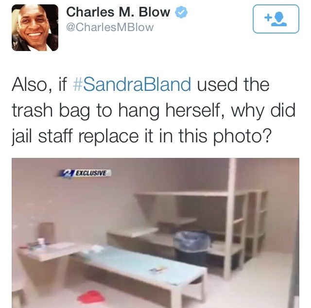 untouchablethot:
“krxs10:
“Picture taken of scene where Sandra Bland allegedly “hung herself”, moments after the body was “found” was just released. And of course, no one is buying it.Police are claiming that Sandra took the trash bag out and tied it...