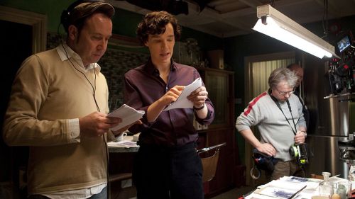 nixxie-fic:New Selection: BBC Sherlock - Production Stills - Sherlock wearing the purple shirt of se