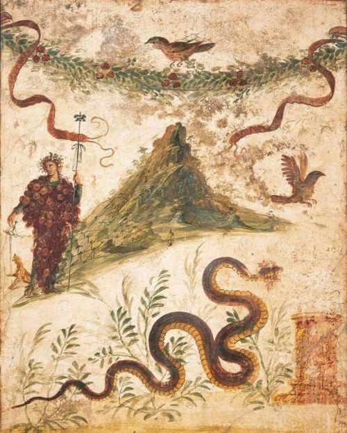 myfairylily:Bacchus and Vesuvius, fresco from Pompeii ( 68-79 AD ) 