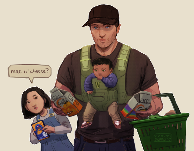 a digital drawing of bruce with cass and damian as children. bruce is wearing casual clothes with a baseball cap, holding up two bags of goldfish. strapped to his chest is a baby carrier holding a baby damian, who has his thumb in his mouth. he has a green shopping basket hanging on his arm. cass is beside him asking about a box of mac and cheese.