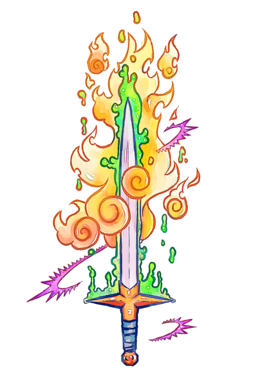 ardraws:flaming raging poisoning sword of doom [image description: a drawing on a white background o