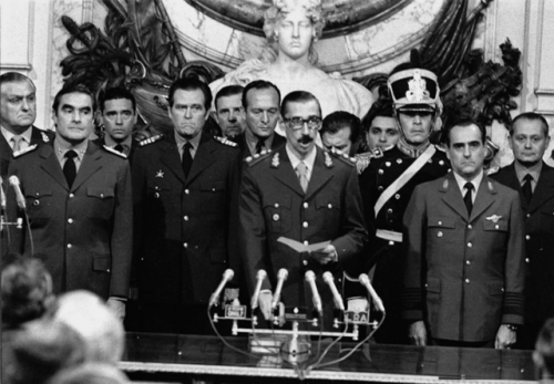 Jorge Rafael Videla is sword in as president of Argentina in 1976, after overthrowing Isabel Peron. 