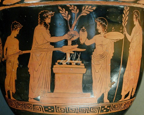 A scene of sacrifice.  Attic red-figure krater, attributed to the Pothos Painter; ca. 430-420 BCE.  