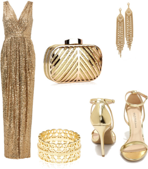 Gold Prom Look by patrizia11 featuring chain earringsBadgley Mischka gold evening gown, €80 / W