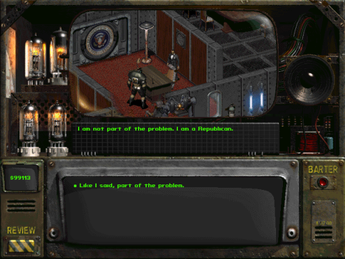 trashwizard:I just beat Fallout 2.  The moral of the story is that Republicans are murderers.
