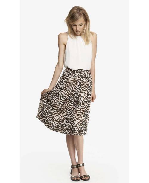 High Waist Leopard Print Pleated Midi Skirt