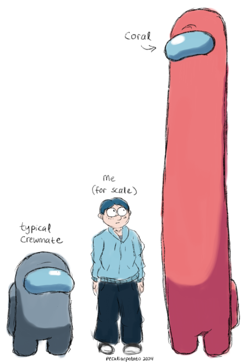 a sketchy drawing of two among us crewmates and a human in between them. On the left is a gray character labeled "typical crewmate". In the middle, about two feet taller than the gray crewmate is a human labeled "me (for scale)". They are a white, androgynous person with blue hair and freckles, They have on a puffy light blue jacket, a gray shirt underneath, a necklace, dark blue jeans, and black and white sneakers. They are looking upwards and to the left in fear. On the left is a coral crewmate who is extremely tall.