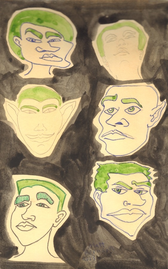 I&rsquo;ve been doodling faces in my sketchbook. Ink and/or watercolor on paper,
