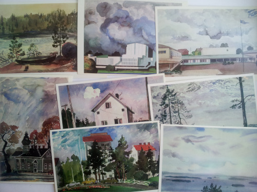 sovietpostcards:“Our Neighbour Finland” (1986). Full set of 24 big size postcards featuring watercolors of Oleg Savostyuk, landscapes and views of Finland. (via etsy)