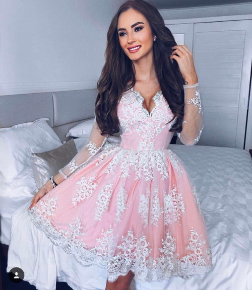 simpledress: A-Line Deep V-Neck Long Sleeves Short Pink Tulle Homecoming Dresses Link&gt;&gt