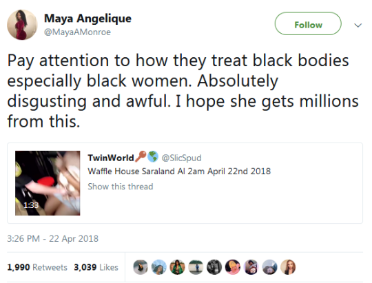 polegremlin:  thatpettyblackgirl:   Waffle House Saraland Al 2am April 22nd 2018    for the people saying she was wrong. she did not threaten anyone she  wanted to get a number to call for the bad CS they received.    HOLY MOTHERFUCKING SHIT. Blow this