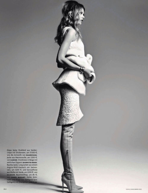 Frida Gustavsson by Hasse Nielsen for Vogue Germany December 2013. Beige over-the-knee boots by Gian