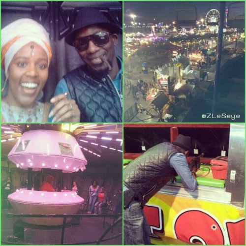 This is us on a Zero Gravity spaceship-looking ride (left 2), bae getting his aim on (bottom right), & our view from The Lift that took us up into the air and over the span of the carnival (top right).
It was a bit chilly on the lift and we thought...