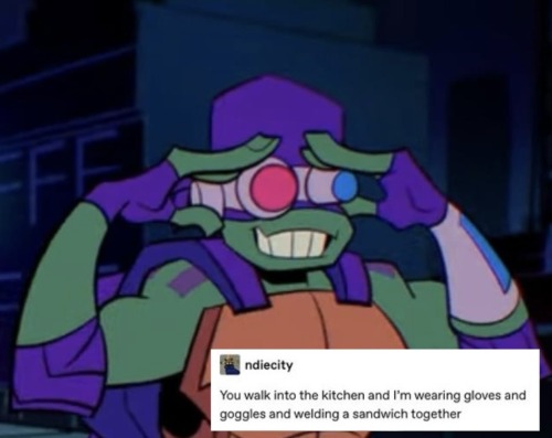 a screenshot of Rise Donnie edited with a tumblr text posted by @ndiecity: "You walk into the kitchen and I'm wearing gloves and goggles and welding a sandwich together"