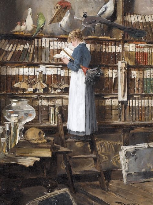 &ldquo;Maid Reading in a Library&rdquo;, Edouard-John Mentha (Swiss, 1858-1914).