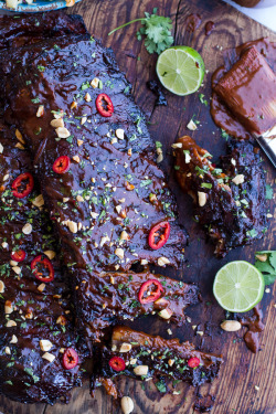 foodishouldnoteat:  Extra Sticky Thai BBQ Ribs w/Peanut BBQ Sauce + Sweet Thai Ginger Slaw