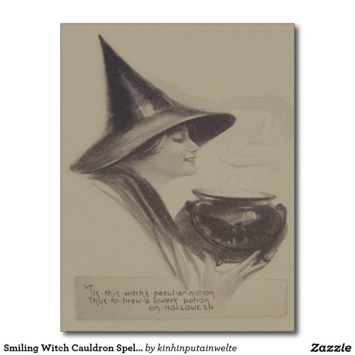 Smiling Witch Cauldron Spell Potion Sepia Postcard - $1.10 Made by Zazzle Paper Vintage Halloween pr