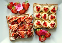 elephantsarevegan:throwback to this beautiful looking breakfast i had last summer: two slices of whole wheat toast, one with peanutbutter/banana/pomegranate/hempseeds and one with vegan cream cheese/fresh strawberries/almondbutter/hempseeds 🍓👌
