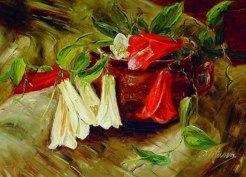 Still Life with Red and White Mallows by Anna Petersen (Danish, 1845&ndash;1910)
