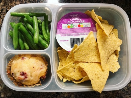 Lunch for summer camp tomorrow: guacamole, raw green beans, and a cranberry orange muffin with orang